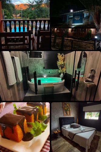 a collage of pictures of a bathroom with a bath tub at Pousada Flor De Lótus Cipó in Serra do Cipo