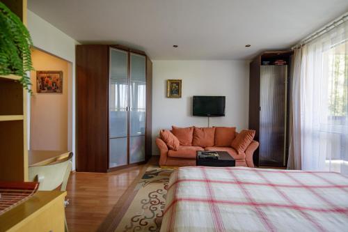 a living room with a couch and a tv at Apartmán Brezy in Martinske Hole