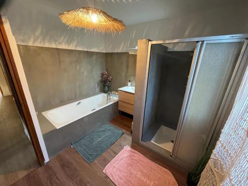 a bathroom with a shower and a bath tub at Maison de Coco in LʼÉpine
