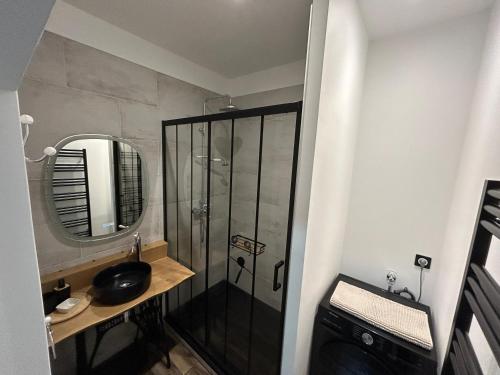 a bathroom with a shower with a sink and a mirror at Maison d'hôtes et gîte - Les 4 saisons de Manon in Tourtoirac