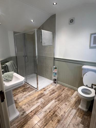 a bathroom with a shower and a toilet and a sink at Carrick Cottage - Mourne Mountains in Annalong