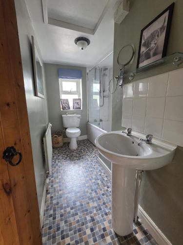 a bathroom with a sink and a tub and a toilet at Brook cottage in Brayton Station