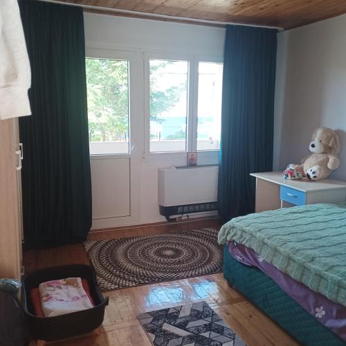 a bedroom with a bed and a teddy bear next to a window at Refugiul din Cozieni in Cozieni