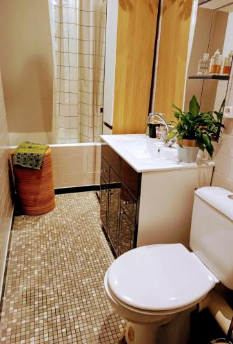 a bathroom with a toilet and a sink and a shower at Spacious Studio Paris La villette-Metro in Paris