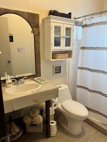 a bathroom with a toilet and a sink and a mirror at Oasis in Montemorelos