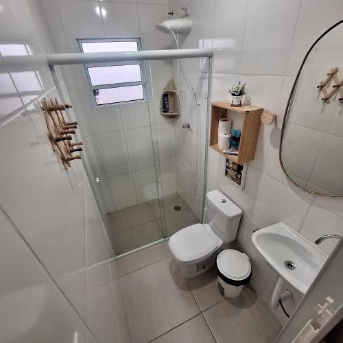 a bathroom with a toilet and a sink and a mirror at Hospedagem Henri Dunant in São Paulo