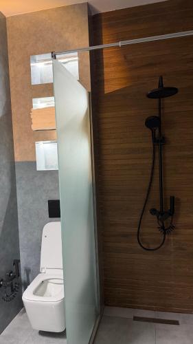 a bathroom with a toilet and a shower stall at Sunset Telavi in Telavi