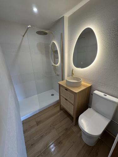 a bathroom with a toilet and a sink and a shower at Résidence soleilla in Le Barcarès