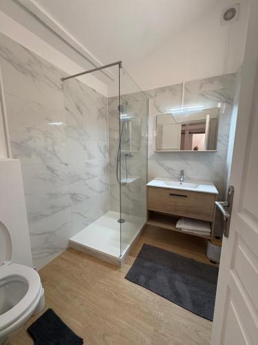 a bathroom with a shower and a sink and a toilet at Marne appartements in Nogent-sur-Marne