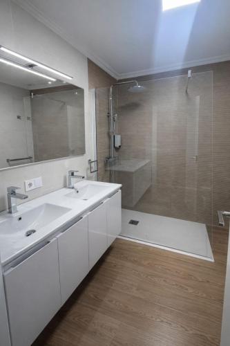 a bathroom with a sink and a shower and a mirror at Entre Plazas in Cáceres