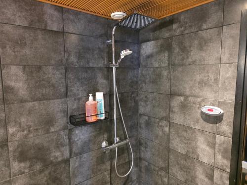 a shower with a shower head in a bathroom at Gold Digger's Timber in Inari