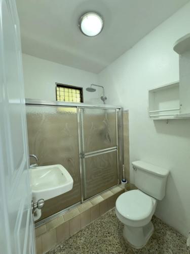 a bathroom with a shower and a toilet and a sink at Brisa del Rio Jimenoa in Jarabacoa