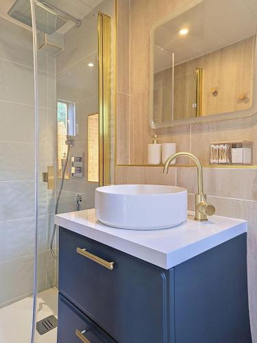 a bathroom with a sink and a glass shower at Maisonnette d'architecte face nature, 15min de Tours in Charentilly