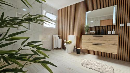 a bathroom with a toilet and a large mirror at Blue Lagoon Villa in Achada