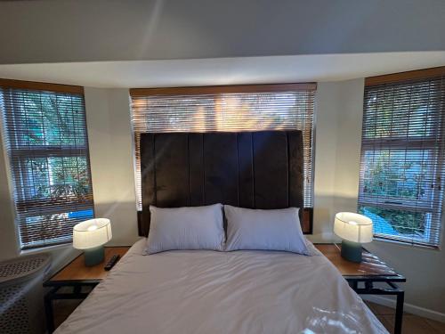 a bedroom with a large bed and two windows at Cute Pool Side Apartment in Monte Vista