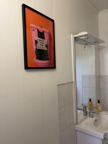 a bathroom with a painting of a cat sitting on a sink at L'Orelia - confortable T2 hyper centre in Montélimar