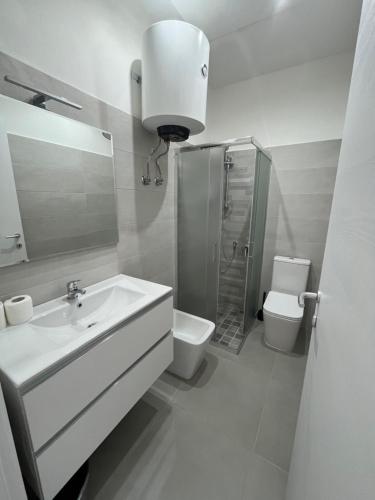 a bathroom with a sink and a shower and a toilet at Casa Vacanze Tortora in Tortora