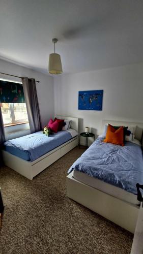 a bedroom with two beds and a window at Ocean Heights House in Dunfanaghy