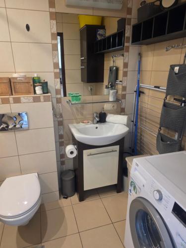 a small bathroom with a sink and a washing machine at Siódme niebo in Gdańsk
