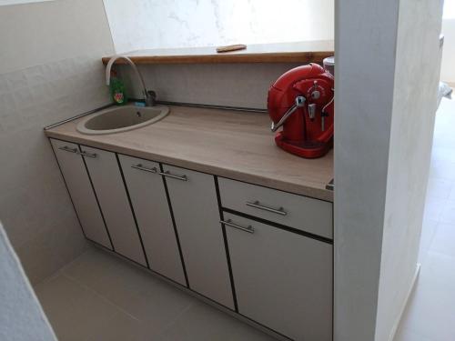 a kitchen with a sink and a red appliance on a counter at Vendetta Montenegro in Risan