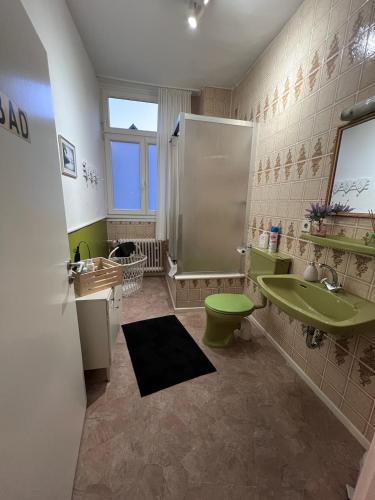 a bathroom with a green sink and a shower at Hostel Burg Hausen in Heimbach