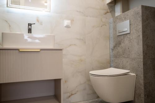 a bathroom with a white toilet and a sink at Apartament Daisy II Pszczyna Centrum in Pszczyna