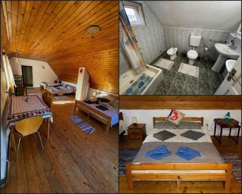 three pictures of a room with a bed and a bathroom at Casa Dalia 2 in Sighişoara