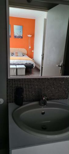 a bathroom with a sink and a bed in a mirror at LE JABLOIRE in Florent-en-Argonne