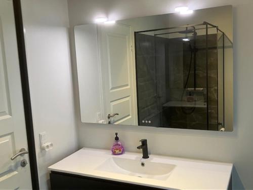 a bathroom with a sink and a large mirror at Penthouse deluxe in Hobro