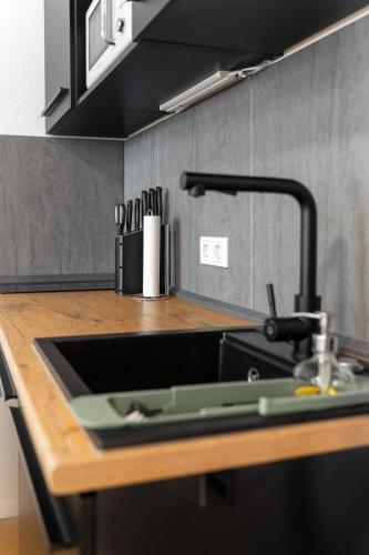 a kitchen counter top with a sink and a sink at Litzi's zentrales Apartment mit Parkplatz in Hockenheim