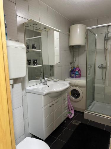 a bathroom with a sink and a shower and a toilet at Salt City Apartments in Sepetari