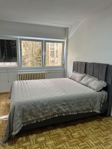 a bedroom with a large bed with two windows at Salt City Apartments in Sepetari