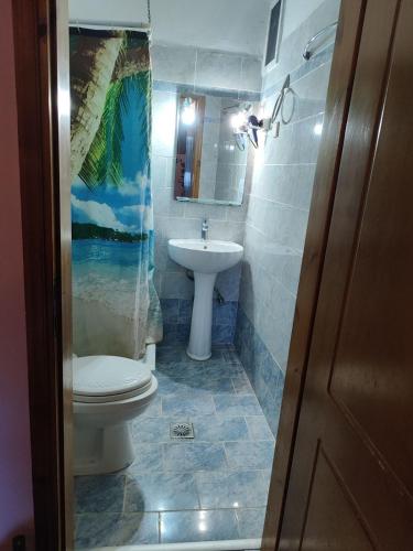 un bagno con WC e lavandino di Basilis room a Loutsa