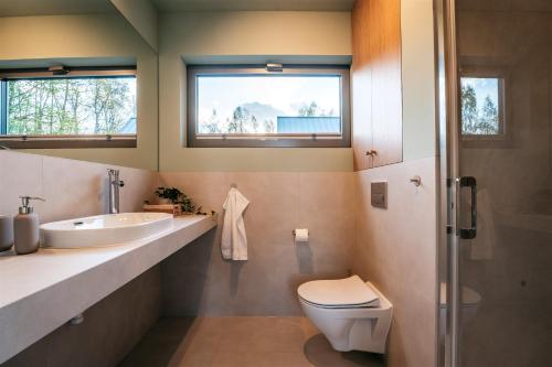 a bathroom with a sink and a toilet and two windows at Domki Poleskie Stodoły in Stare Załucze