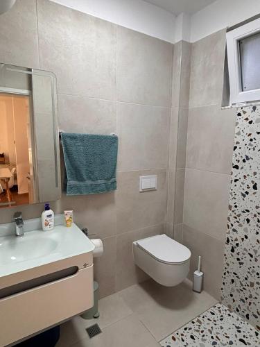 a bathroom with a toilet and a sink and a shower at Seaview Apartment Pinea Golem in Golem