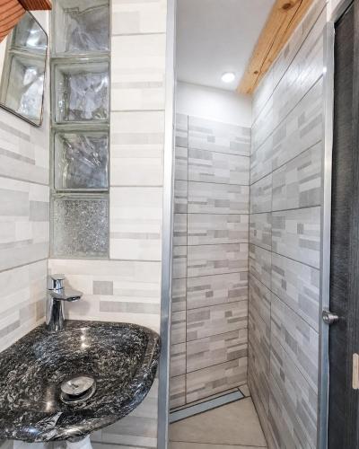 a bathroom with a sink and a shower at Cocon-ardechesauvage in Pont-de-Labeaume