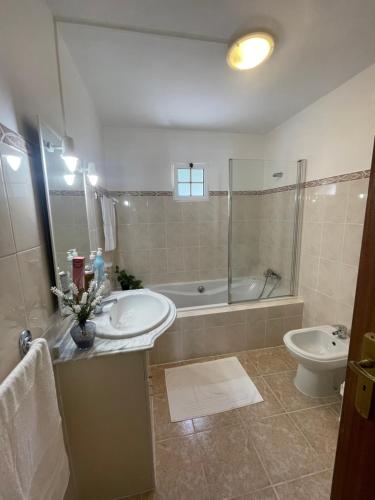 a bathroom with a sink and a tub and a toilet at Rdj B in Porto Moniz