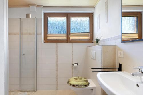 a bathroom with a toilet and a sink and a shower at Ferienwohnung am Brändbach in Bräunlingen