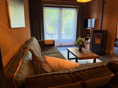 a living room with a couch and a coffee table at 't Woldhoesie in Diever