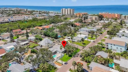 an aerial view of a city with a red marker at Buffalo Bungalow in Clearwater Beach
