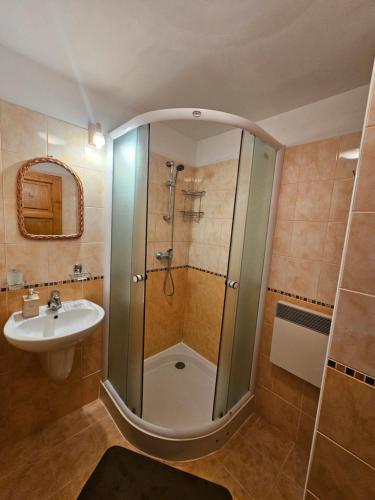 a bathroom with a shower and a sink at Chalupa pod Skleným Vŕškom in Huty