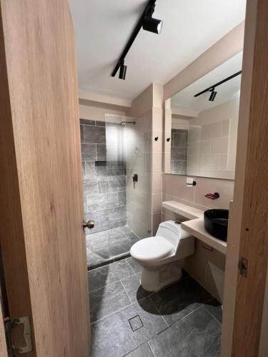 a bathroom with a toilet and a sink and a shower at Hotel Gran Imperio la 69 in Medellín