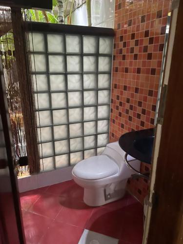 ein Badezimmer mit weißer Toilette und Waschbecken in der Unterkunft casa serrano in Valledupar