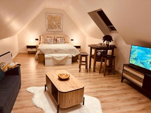 a large living room with a bed and a tv at L Éden aux hirondelles & SPA in Samer