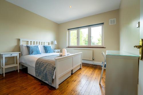 a bedroom with a bed with blue pillows and a window at Phoenix House in Dublin
