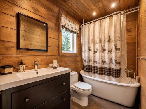 a bathroom with a toilet and a tub and a sink at Le Malpic in Mont-Laurier