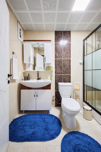 a bathroom with a white toilet and a blue rug at Kaira Homes 1 in Ankara