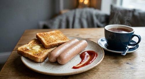 a plate with two hot dogs and toast and a cup of coffee at Grand Hostel - Free Breakfast in Katowice