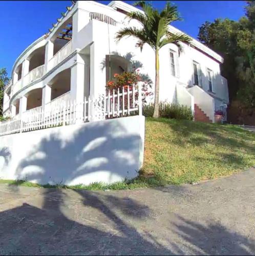 a house with a white fence and a palm tree at Villa Zeddy in Nazareth
