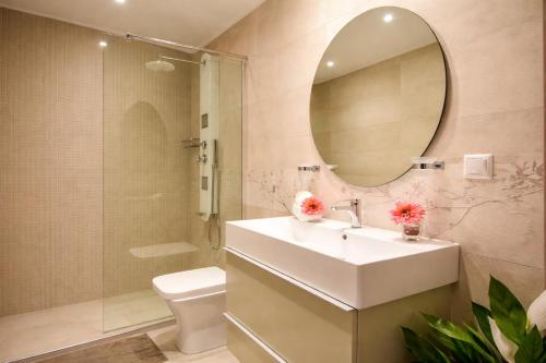 a bathroom with a sink and a mirror and a toilet at Nikoletta 4 in Vlachopoulátika